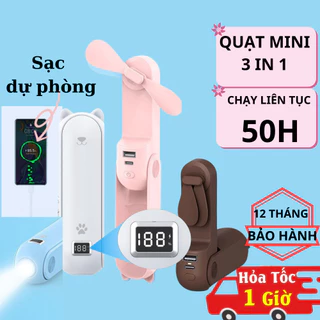 Quạt Cầm Tay Mini 50 Giờ 3 in 1 Dung Lượng Pin 4800mah Gấp Gọn, Quạt Làm Mát Tích Hợp Sạc Điện Thoại - Đèn Pin Mang Theo