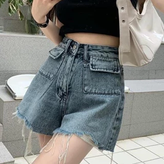 Quần Short Jeans Nữ , Quần Đùi Nữ Chất Liệu Denim Túi Hộp Tua Rua L018