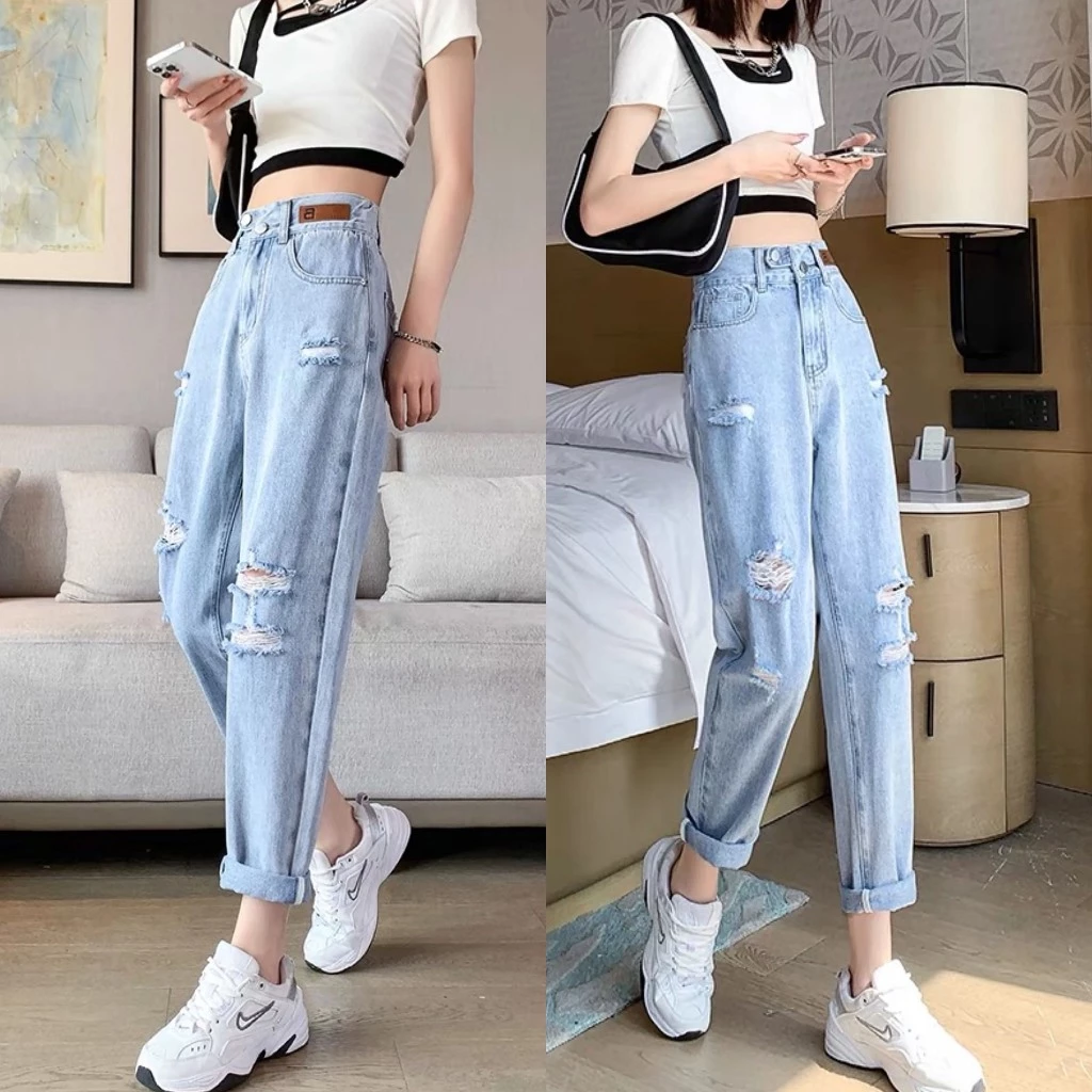 Quần jean baggy nữ BigSize Lưng Cao 2 nút Rách bụi, Lưng Chun, màu xanh đá Rách đủ size MLJ 0026