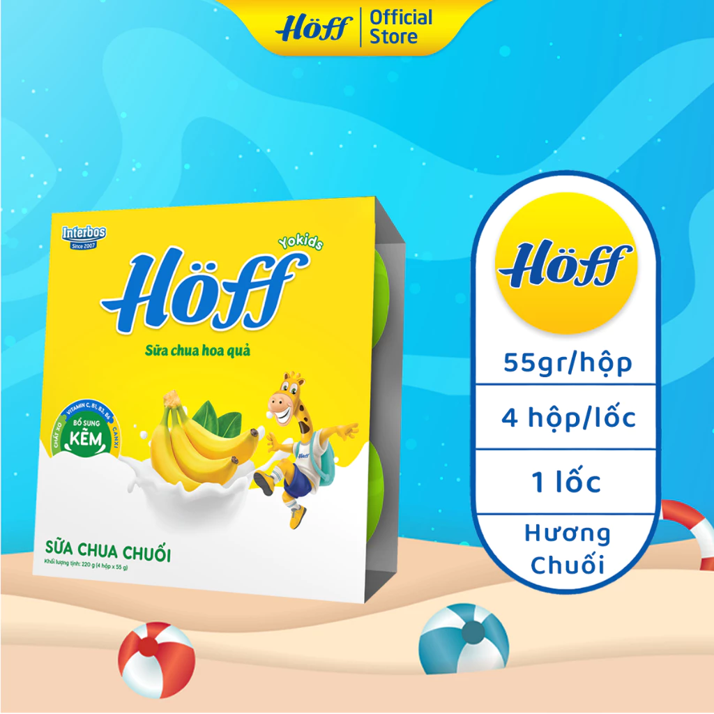 Sữa chua hoa quả Hoff vị CHUỐI cho bé từ 6 tháng tuổi, bổ sung men lợi khuẩn, tốt cho tiêu hóa - 1 LỐC (4 hộp x 55g)