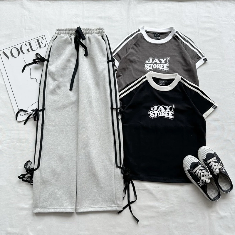 Quần dài 4 SỌC NƠ màu ĐEN/XÁM 🎀 form nam nữ unisex ống rộng, cạp cao lưng chun màu vải picigen dày dặn JAYSTOREE 🖤