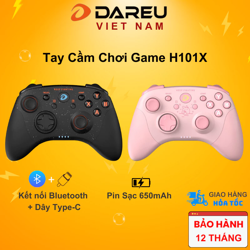 Tay cầm game Dareu H101X Hồng / Đen không dây ( Pin sạc 650mAh, Bluetooth 5.0 ,Dây Type-C )