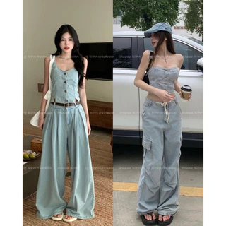 (SẴN) TKLIHN Set áo quây Jeans ULZZANG sexy + Quần jean nữ ống rộng SANG CHẢNH hot TREND 2024 Set quần áo hai dây Jean