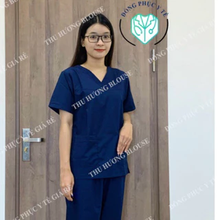 Bộ blouse cổ tim, phẫu thuật, áo blu bác sĩ, spa, dược sĩ Màu Xanh Than