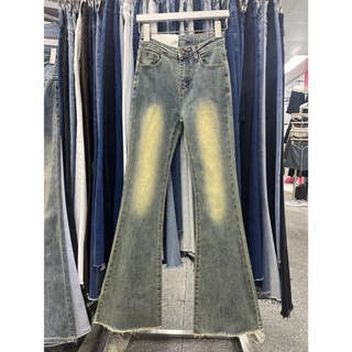 Quần jeans ống loe co giãn gấu tua rua dáng dài lưng cao phong cách Hàn Quốc