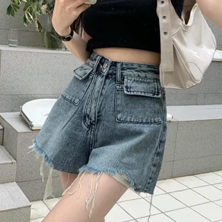 Quần Short Jeans Nữ , Quần Đùi Nữ Chất Liệu Denim Túi Hộp Tua Rua Phong Cách Đường Phố L018