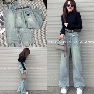 Quần Bò Jeans Nữ Ống Rộng Dáng Suông Cạp Cao Màu Xanh Thêu Hoạ Tiết Chữ BB Sau Túi,Quần Bò Denim Ống Rộng Siêu Hách Dáng