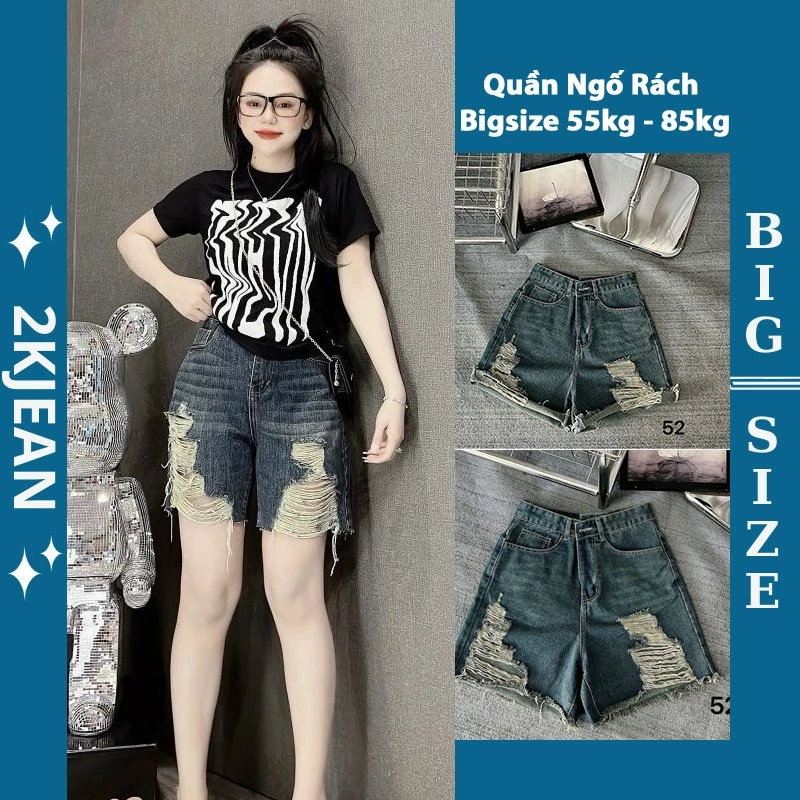 Quần short ngố jean rách nữ bigsize từ 55-85kg, quần lửng rách đùi lưng cao đi biển, đi chơi 2KJean