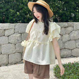 Áo sơ mi babydoll kiểu nữ phối tay cánh tiên nhún bèo cực xinh, màu pastel lên hình cực đẹp