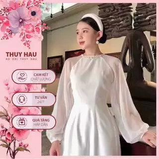 Áo Dài Cách Tân Cổ Tròn Đính Trai Cao Cấp - Áo Dài Voan Tơ 4 Tà Lót Lụa