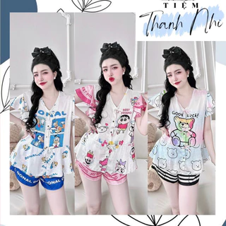 Đồ bộ nữ Mặc Nhà pijama Tay Cánh Tiên Quần Đùi Đính Nơ Dễ Thương In 5D, Lụa Xước ánh Kim Mềm- Đồ Bộ Ngủ Đùi Tiểu thư