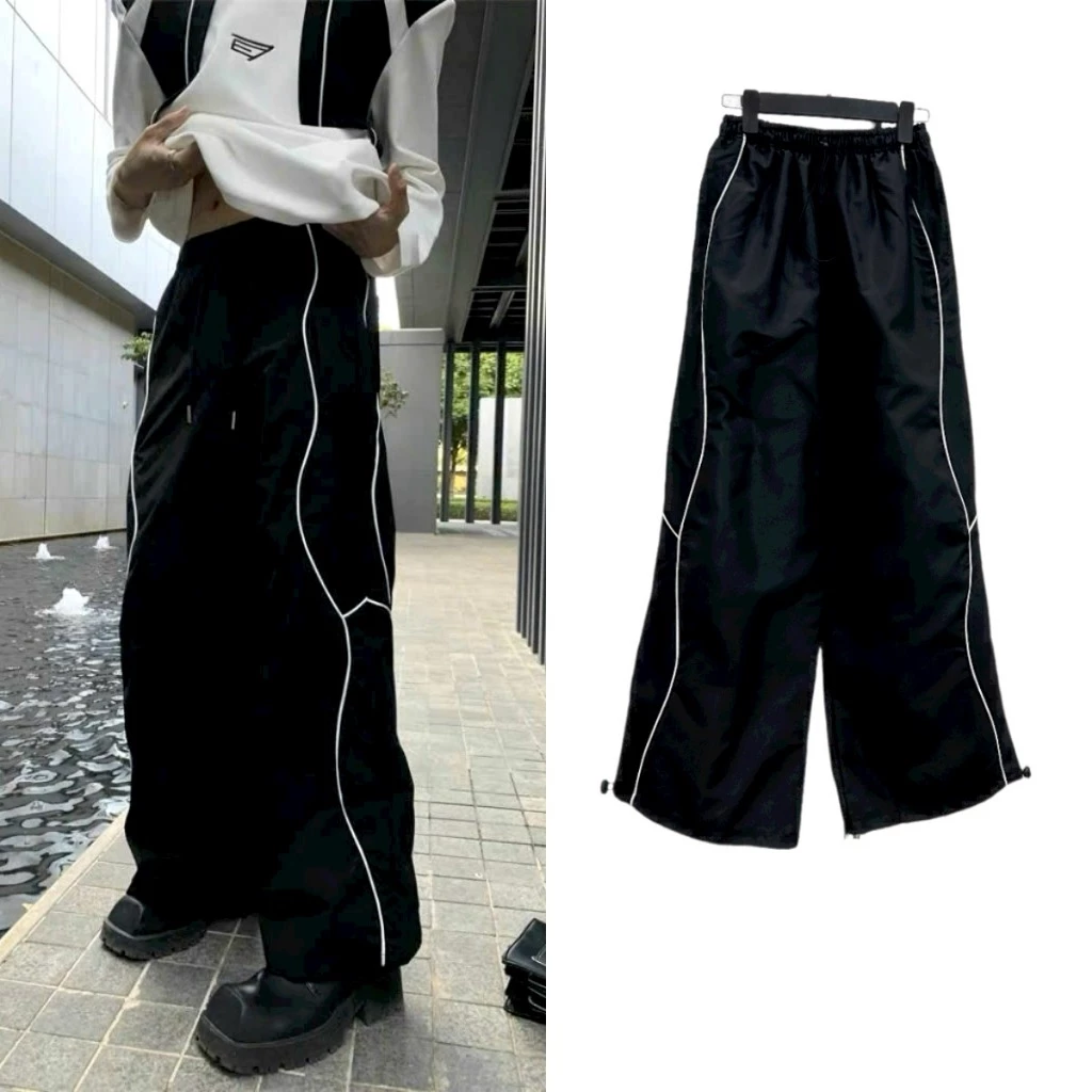 Quần Jogger ống rộng chất dù lưng thun có dây rút PHỐI VIỀN TRẮNG màu ĐEN form Nam Nữ Unisex