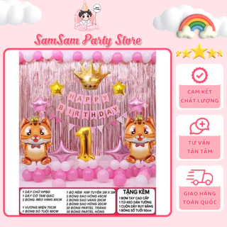 Set Bóng Trang Trí Sinh Nhật Thôi Nôi Mèo Con Cho Bé Gái Thích Màu Hồng - Samsam Party Store