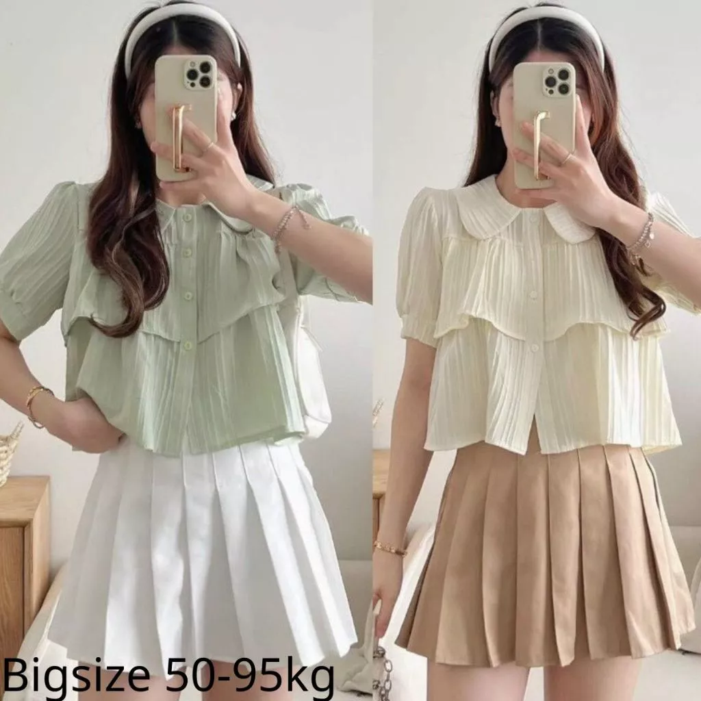 Áo Sơ Mi Bigsize Nữ Kiểu Babydoll Cổ Bèo Tay Bồng Siêu Hot Dáng Croptop Tiểu Thư Chất Xốp Đôi Thanh Lịch 50-95 kg SM163