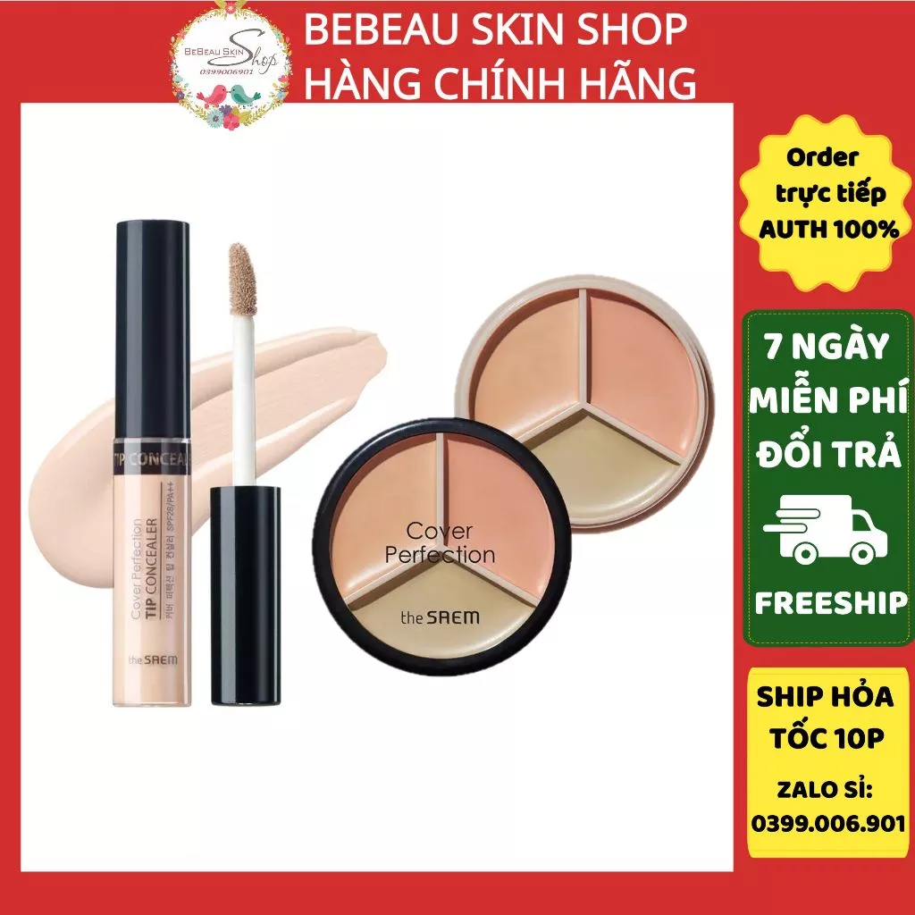 Kem Che Khuyết Điểm THE SAEM Hàn Quốc Cover Perfection Tip Concealer SPF28 PA++ Triệt Sắc Đều Màu Da - Bebeau