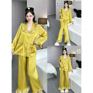 Đồ bộ nữ, bộ pijama tiểu thư cổ tròn, tay dài tay nắn mặc nhà, chất lụa cao cấp mềm mịn mát