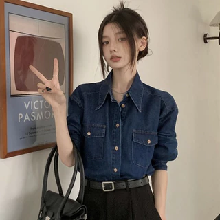 Áo sơ mi denim nữ dài tay thiết kế form rộng 2 túi cá tính, sơ mi kiểu dáng rộng cao cấp phong cách Hàn Quốc 2992