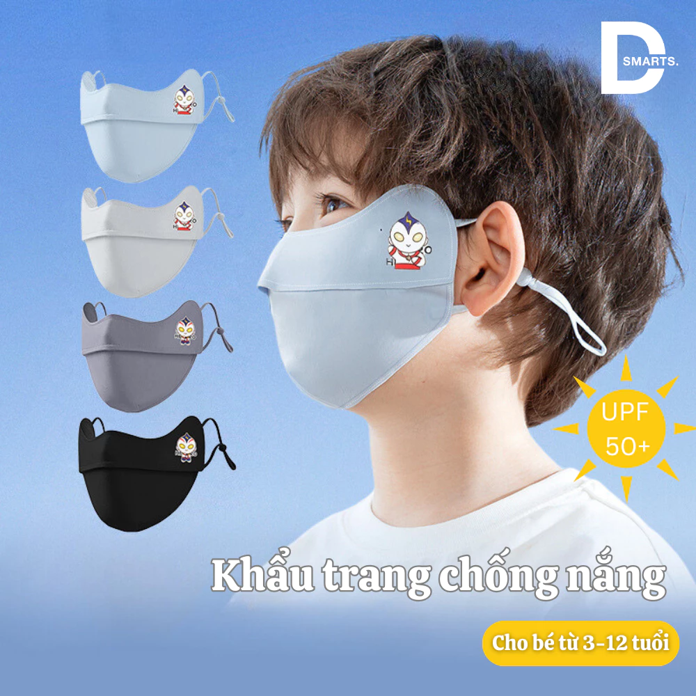 Khẩu trang chống nắng trẻ em chống tia UV thoáng khí mềm mại có nút chỉnh dây, Khẩu trang vải 2 lớp cho bé từ 3-12 tuổi