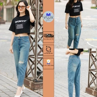 Quần Bò Jeans Nữ Ống Rộng V'LUX Rách Gối, Quần Bò Denim Ống Rộng Suông Cạp Cao Hách Dáng