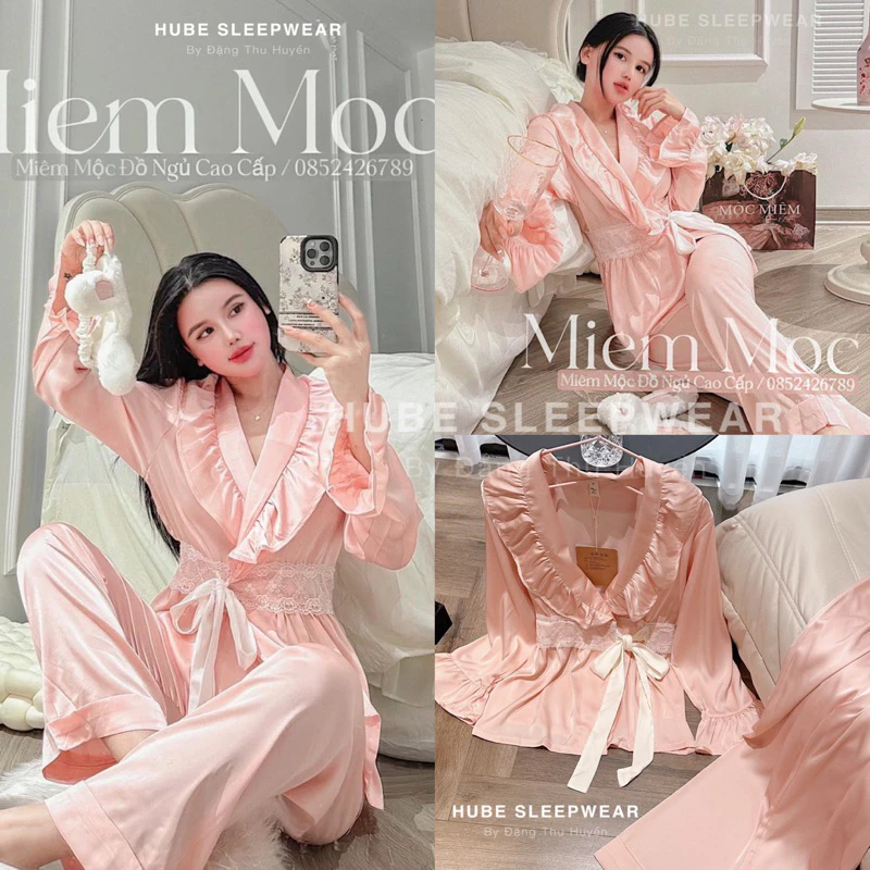 < Có sẵn > ( CAO CẤP ) Bộ Ngủ Lụa Dáng Kimono Hồng Cam Dây Eo Tiểu Thư Mocmien QC Loại 1 Cao Cấp - Hube Sleepwear