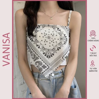 Áo yếm croptop nữ in thổ cẩm hai dây trễ vai ôm kiểu trắng đen xinh VANISA CT058