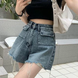 Quần Short Jeans Nữ , Quần Đùi Nữ Chất Liệu Denim Túi Hộp Tua Rua L018