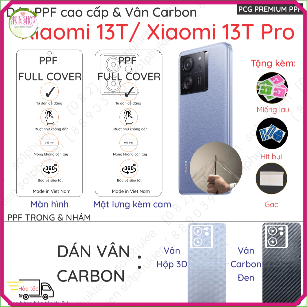 Dán PPF & Vân Carbon Xiaomi 13T/ Xiaomi 13T Pro cho màn hình, mặt lưng loại trong, nhám chuẩn xịn