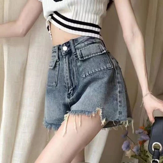 Quần Short Jeans Nữ , Quần Đùi Nữ Chất Liệu Denim Túi Hộp Tua Rua L018