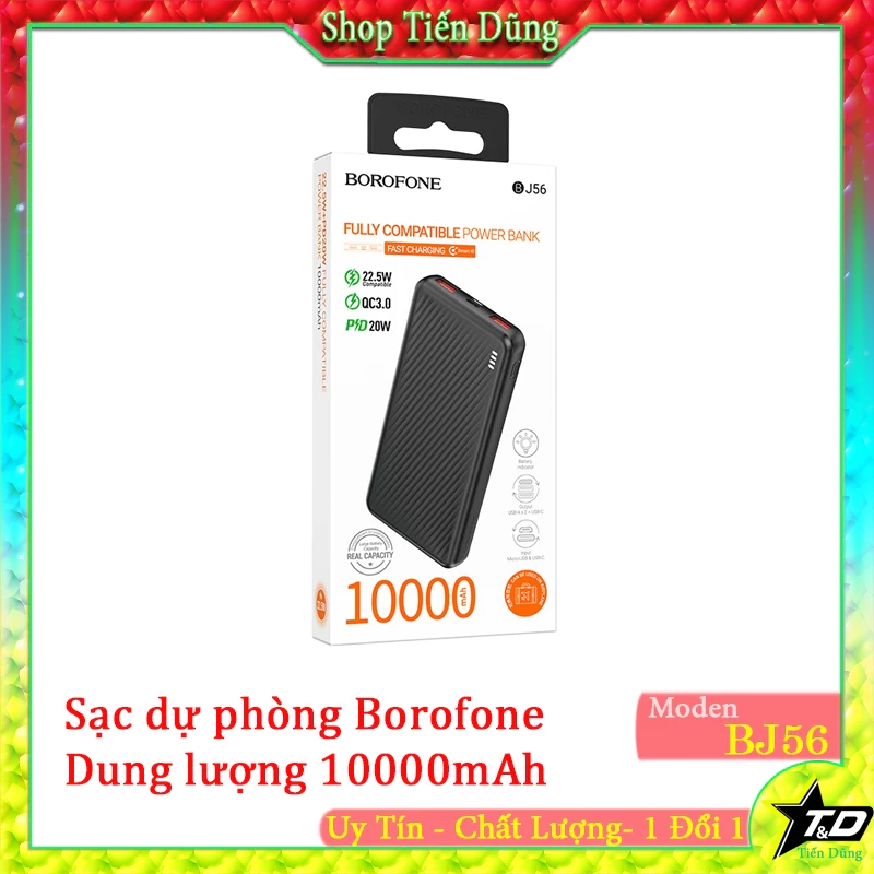 Sạc dự phòng nhanh BOROFONE BJ56 dung lượng 10000 MAH, hỗ trợ sạc nhanh 22.5W, đèn LED báo sạc.