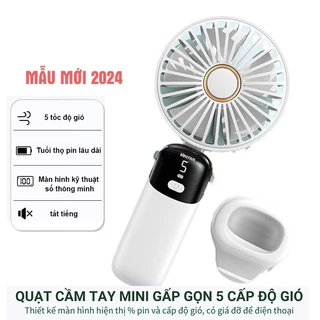 Quạt Mini Cầm Tay Tích Điện Pin Sạc 5 Tốc Độ Gió, Xoay Linh Hoạt 90 Độ Có Dây Đeo Cổ,Đèn LED Hiển Thị, thời gian sd 10h