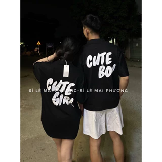 áo phông đen in chữ trắng cute boy cute girl in lưng mặc đôi nam nữ