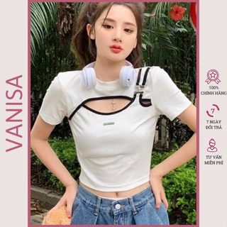 Áo croptop thun kiểu khoét trước tay ngắn trắng đen trắng VANISA CT059