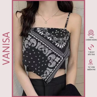 Áo yếm croptop nữ in thổ cẩm hai dây ôm trễ vai kiểu trắng đen xinh VANISA CT058