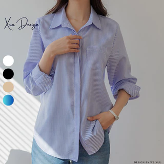 Áo Sơ Mi Nữ Kẻ Xanh form rộng Unisex Xuu Design thiết kế dài tay giấu cúc chất Kate Hàn-SP38 kẻ xanh