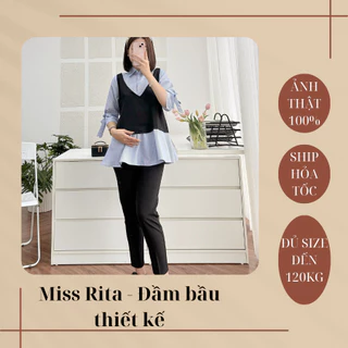 Áo bầu công sở cổ đức MISS RITA Áo bầu tay lửng buộc nơ kẻ xanh pha xanh than