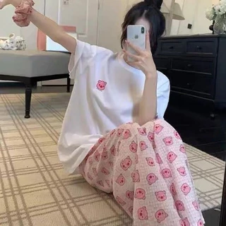 Bộ áo phông mix quần dài lợn hồng siêu cute - Bộ đồ mặc nhà in hoạt hình dễ thương oversize phong cách hottrend