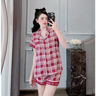 Bộ mặc nhà Pyjama cộc chất lụa Luxury họa tiết kẻ ô 2024