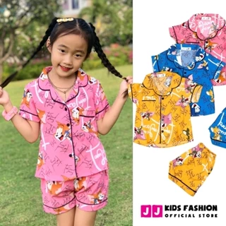 Bộ bé gái mùa hè JJ KIDS Pijama lụa mềm mại, in hình thú dễ thương 2,3,4,5,6,7,8,9,10,11,12 tuổi