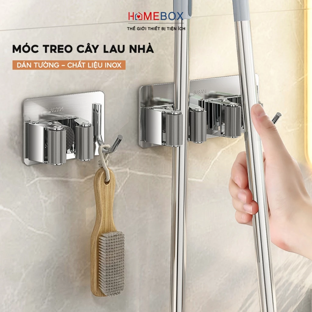 Móc treo cây lau nhà đa năng keo dán chịu lực cao cấp, Móc kẹp giữ chổi dán tường inox 304 chống gỉ