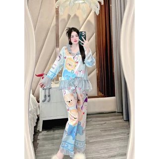 Bộ mặc nhà nữ tay dài quần dài chất lụa xước voan thiết kế cổ bèo tiểu thư sang chảnh freesize 40-60kg - Chun's slechảnh