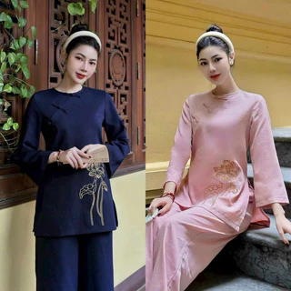 Đồ lam đi chùa cho nữ - Set bộ pháp phục nữ mẫu cổ tàu 5 Nút xéo thêu sen chất liệu linen gân cao cấp phong cách lịch sự