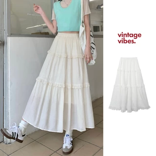 Chân váy nữ xinh, Chân váy midi dáng dài 3 tầng viền ren vintage Ulzzang