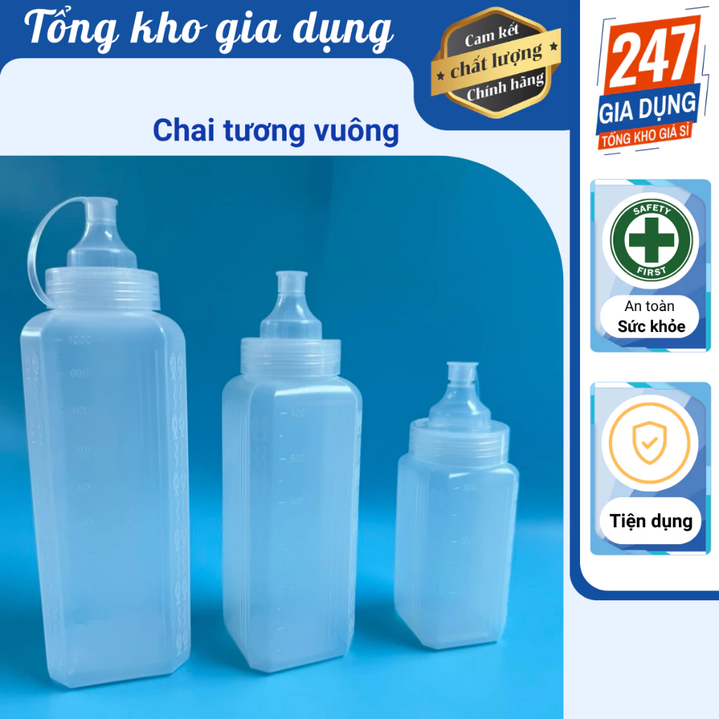 Chai tương vuông nhựa có chia vạch 300ml 600ml 1000ml