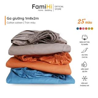 Ga giường 1m8x2m cotton sateen Hàn Quốc FamiHi cao cấp, ra nệm, drap bo chun bọc đệm 180x200cm % sợi tự nhiên mềm mát