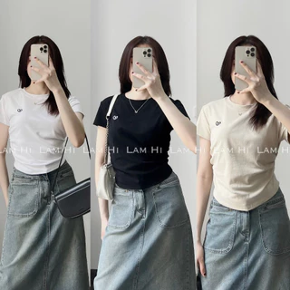 Áo phông cotton nữ thun cotton babytee nhún 2 bên thêu trái tim 3 màu Đen - Trắng - Be by LamHi AP0305