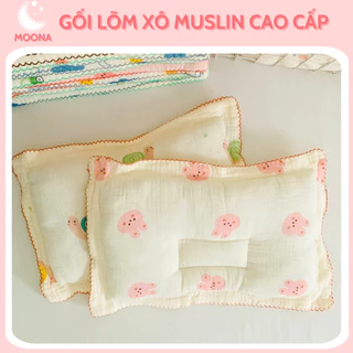 Gối chống bẹp đầu cho bé gối lõm xô muslin cao cấp mềm mịn lõi bông thấm hút mồ hôi Moona Baby