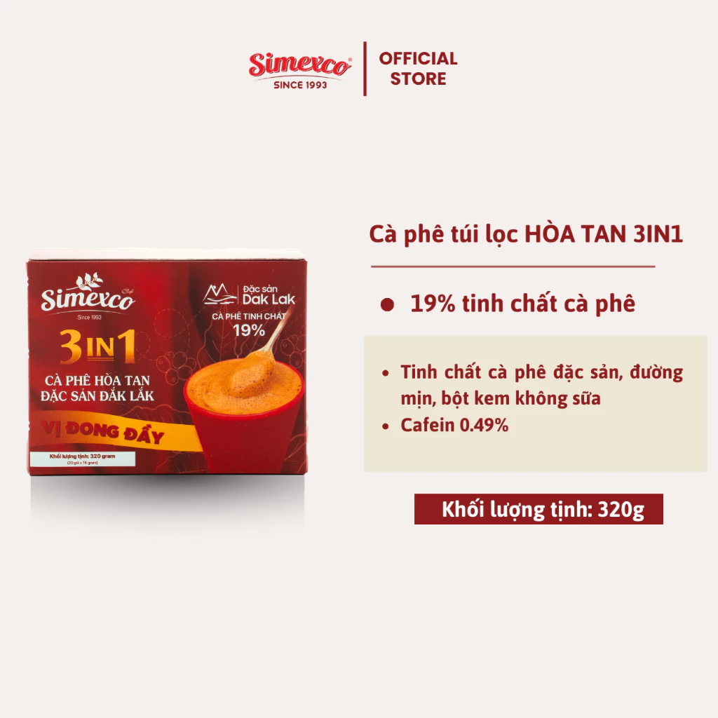 Cà phê hòa tan Simexco 3in1 Cà phê sữa (20 gói x 16gr)