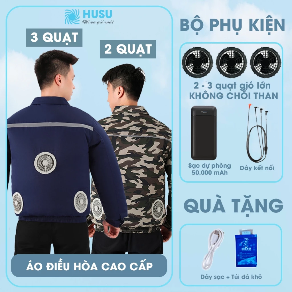 Áo điều hòa, áo gắn quạt (2 & 3 quạt không chổi than) HUSU cao cấp làm mát chuyên dụng cho người đi làm