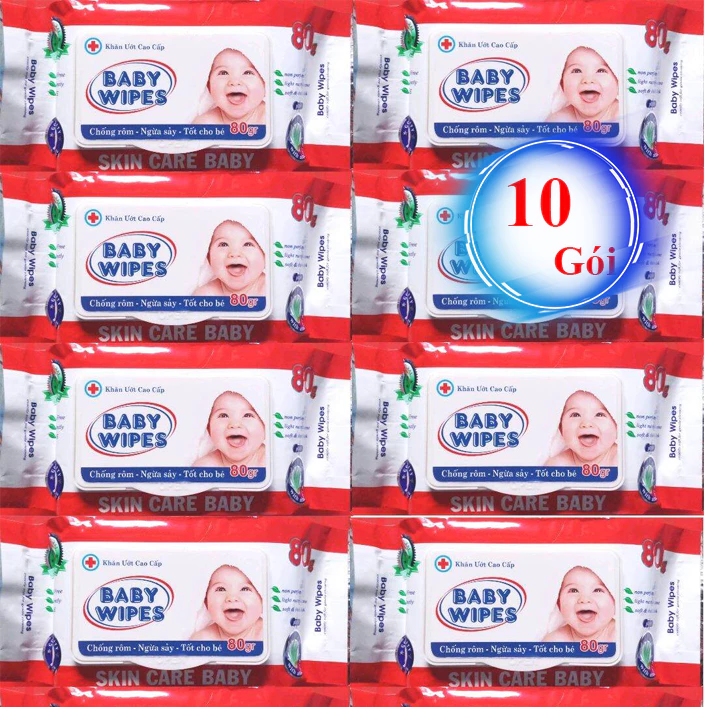 [ Hỏa Tốc ]  10 Gói Khăn Giấy Ướt Baby Wipes Cao Cấp Cho Bé Không Mùi 80G