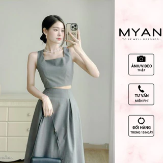 Set áo 2 dây bản to croptop mix chân váy dáng dài xếp ly cạp cao sành điệu, tinh tế MYAN DESIGN Avn082314 Vvn082313